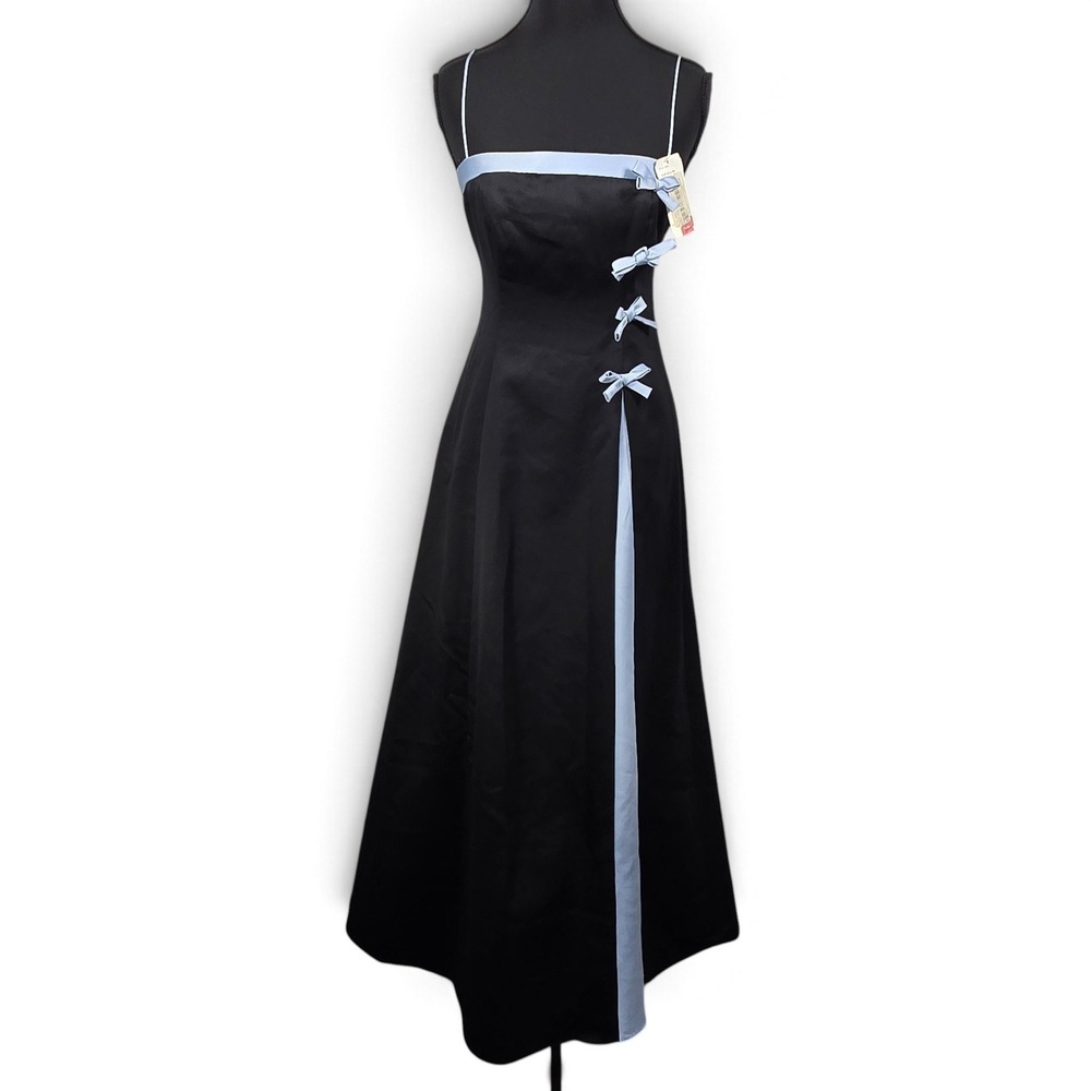Zum Zum Dress Women 2 Black Blue Satin Bow Side Slit NWT Vintage Goth Core Gowno
